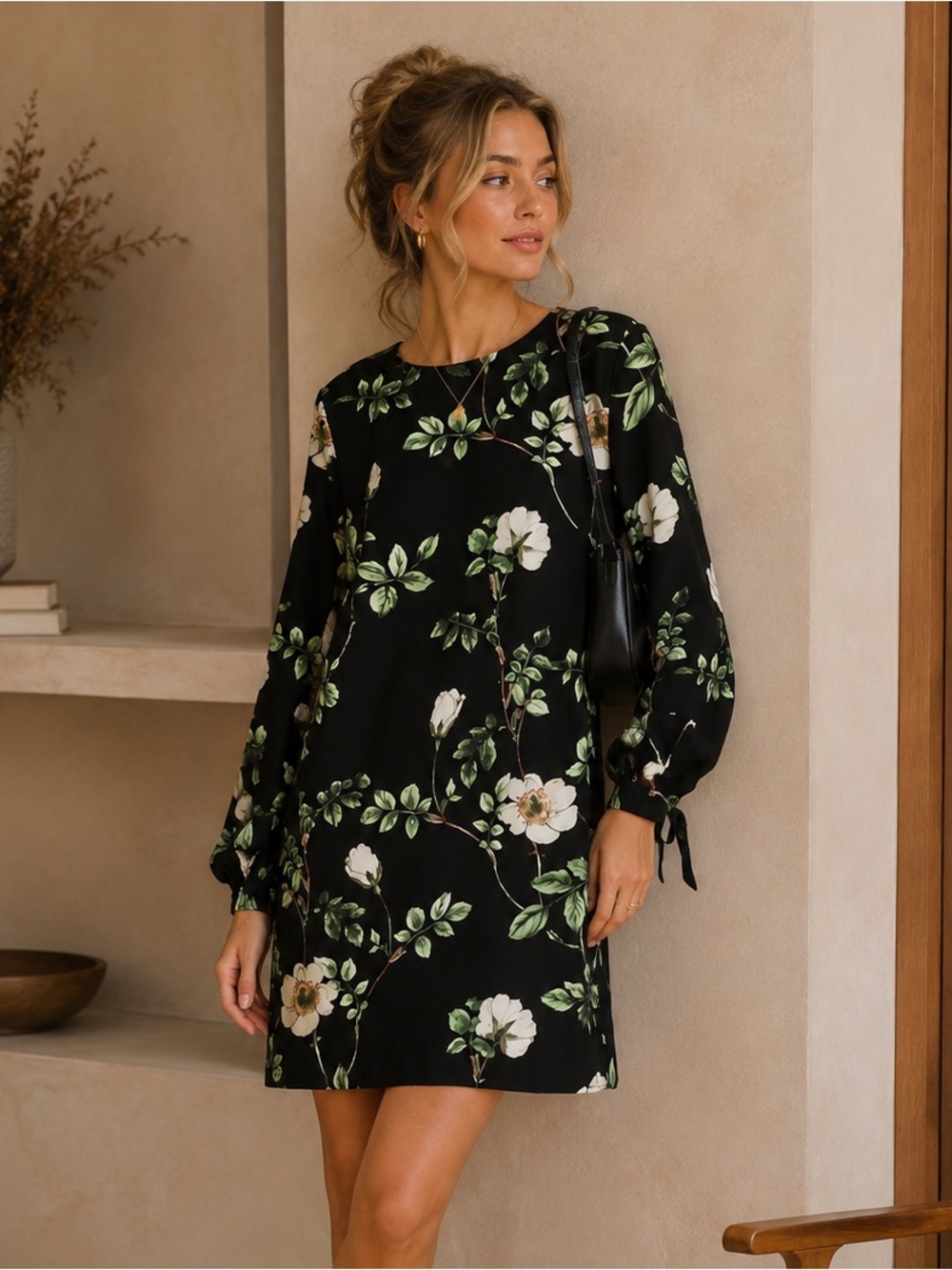 H&M Floral Long Sleeve Shift Mini Dress Black Green And White Size 6